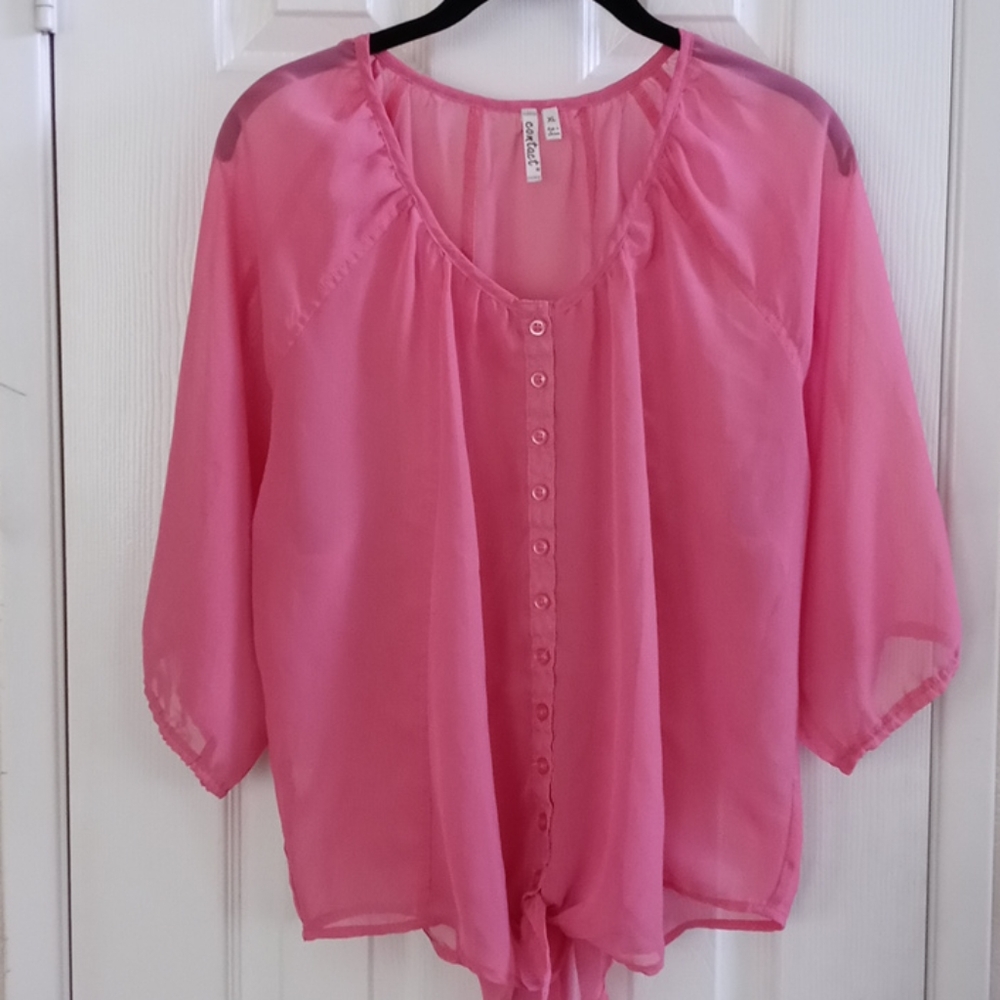 Sheer Pink Short Sleeve Tie Knot Front Top
